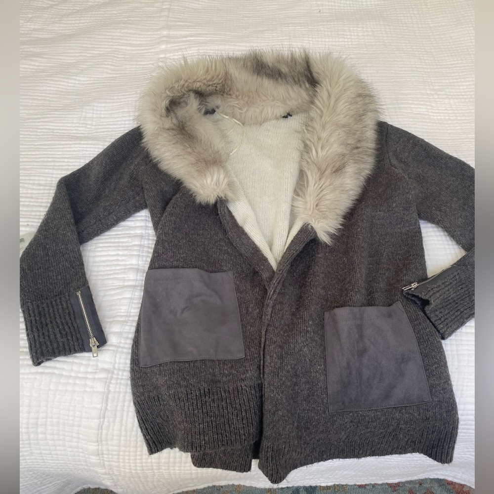 Faux fur trim cardigan with faux suede patch pockets and zip detail on sleeve
